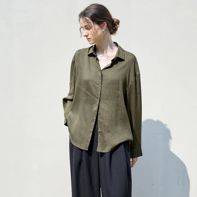 Camicetta vintage retrò da donna in ramie a maniche lunghe con colletto rovesciato monopetto camicie casual larghe e traspiranti alla moda di strada