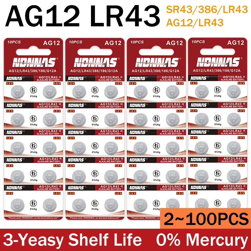 2-100PCS 1.55V AG12 LR43 100mAh Lithium Button Cell SR43 386 LR1142 V12GA AG 12 SR43W SR1142 Coin Cell Watch Toys Remote Battery