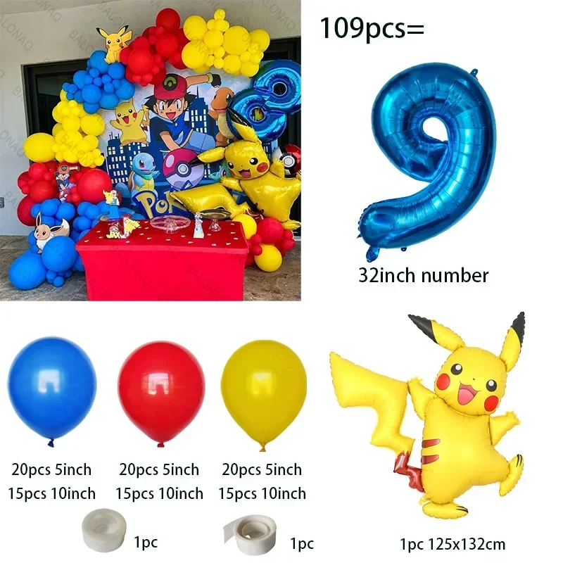 109 Stück Pokemon Pikachu Thema Geburtstagsballon Stehend Pokemon Babyparty Globos Kinder Erster Geburtstag Dekorationszubehör