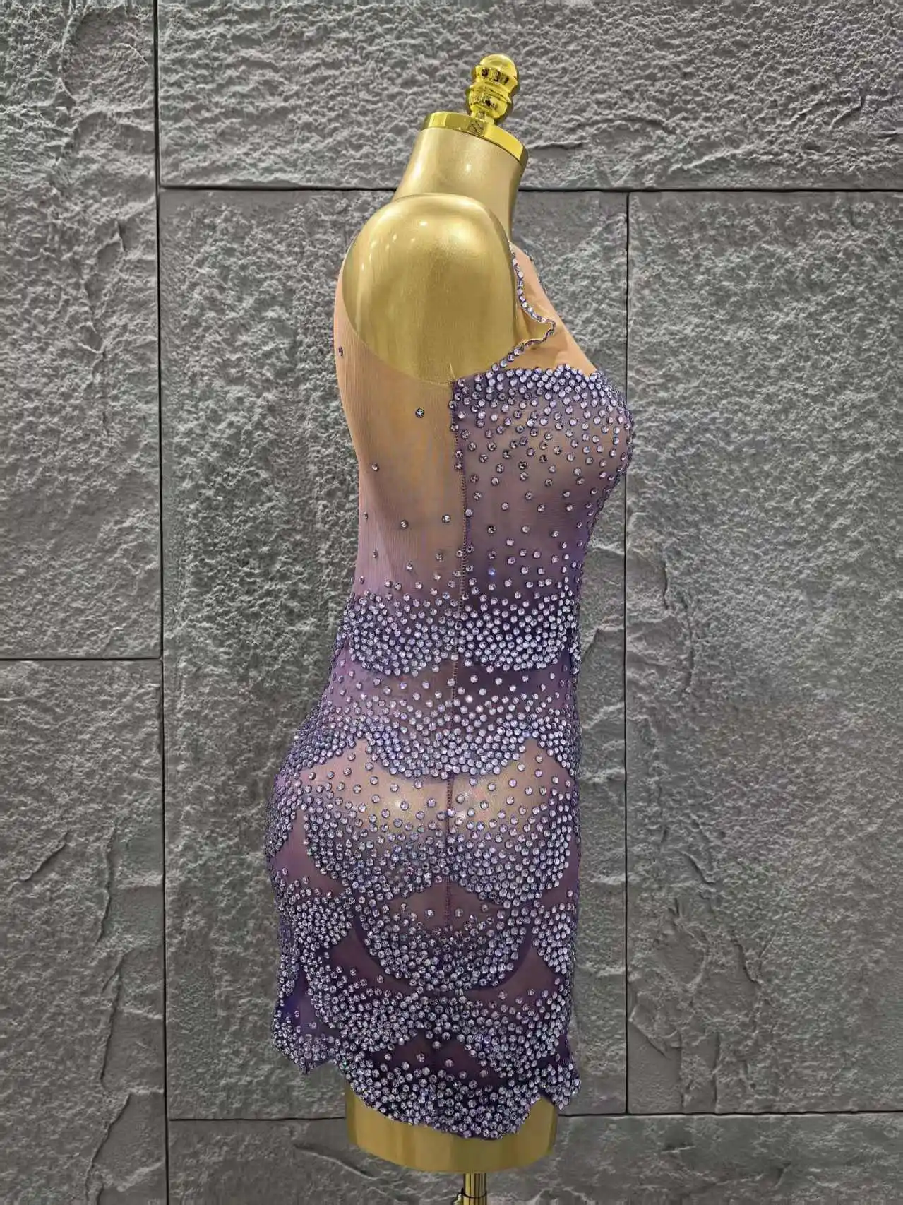 Minivestido ceñido transparente de malla para mujer, sin mangas, con diamantes de imitación brillantes, para celebración en club nocturno, fiesta de cumpleaños