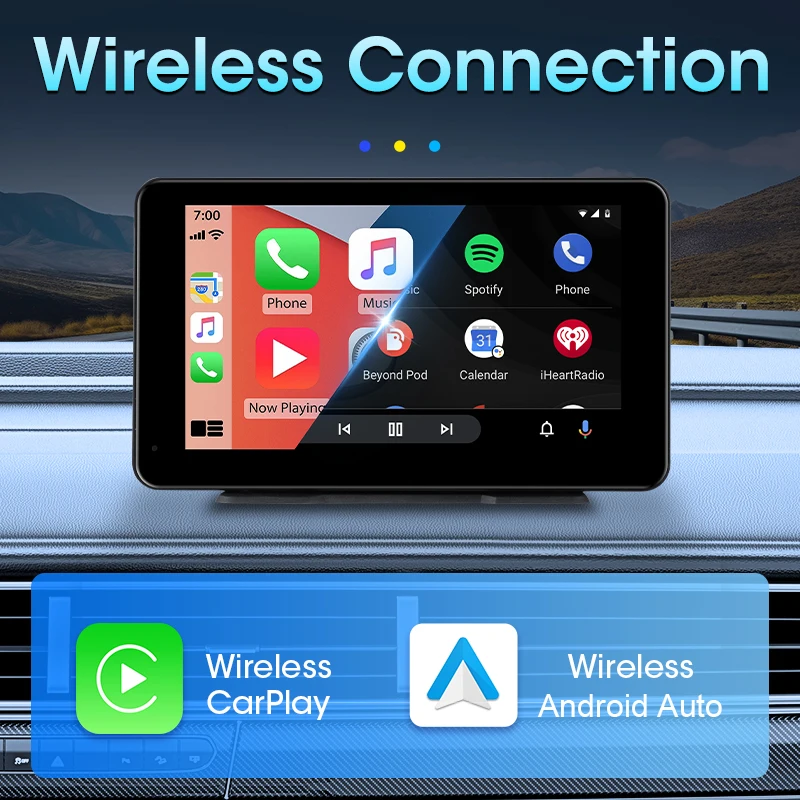 Radio portátil para coche de 7 pulgadas, CarPlay inalámbrico, Android, Auto, WIFI, reproductor de vídeo Multimedia, sistema inteligente para coche, 5G, WIFI, BT, FM, AUX 2