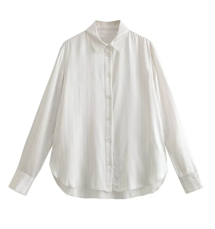 

Spring 2024 Women's Silk Blend irt Striped Versatile Ele Faion Long Sve Loose Fit Premium Quali Ladies Blouse