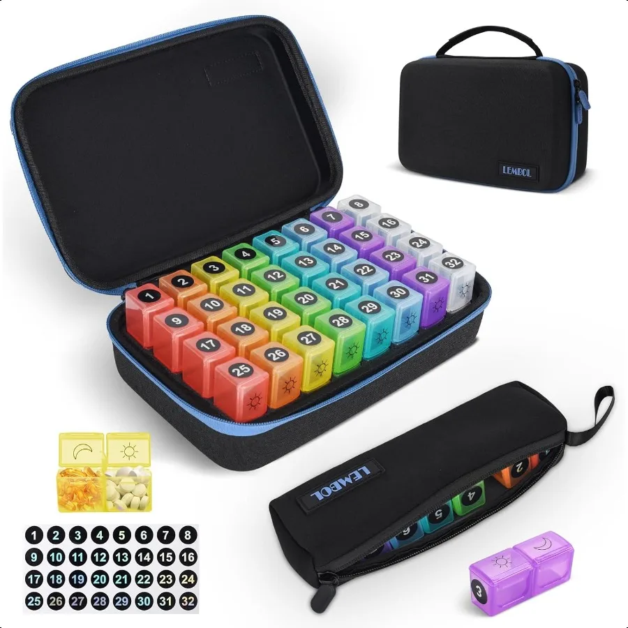 Monthly Pill Organizer 2 Times a Day 30 Day Pill Organizer Box AM PM with Weekly Pill Bag 32 Daily Large Compartments 1 Month P