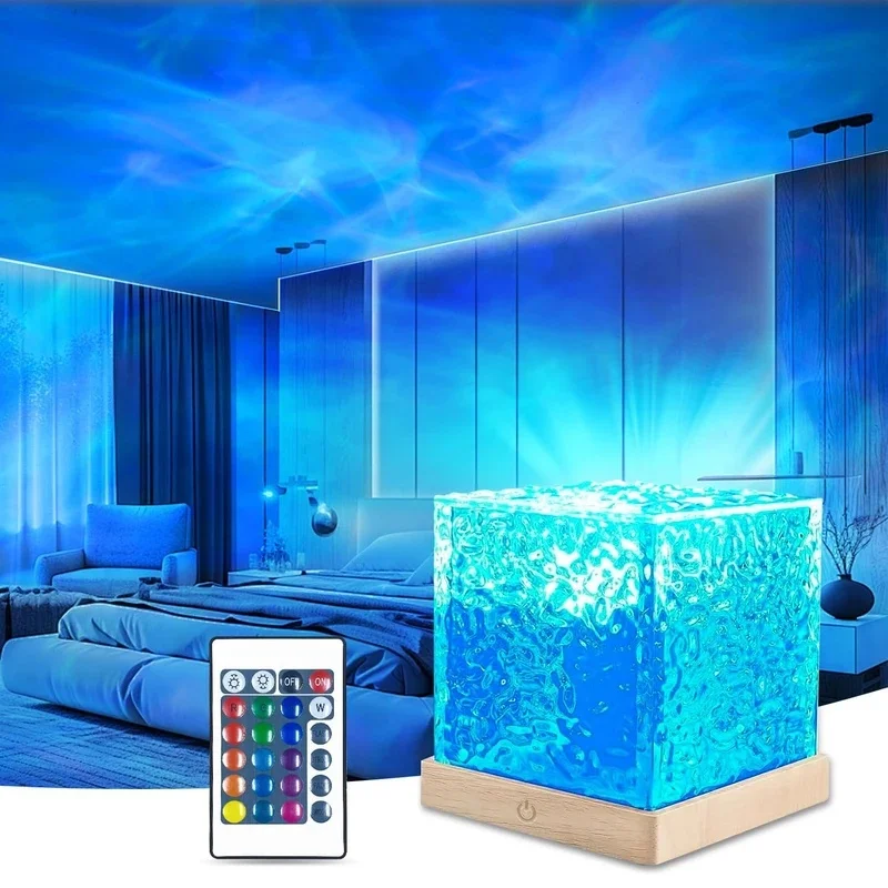 16 Colors Water Ripple Projector Dynamic Rotating LED Night Light Remote Dimming Bedroom Romantic Ocean Decor Lamp