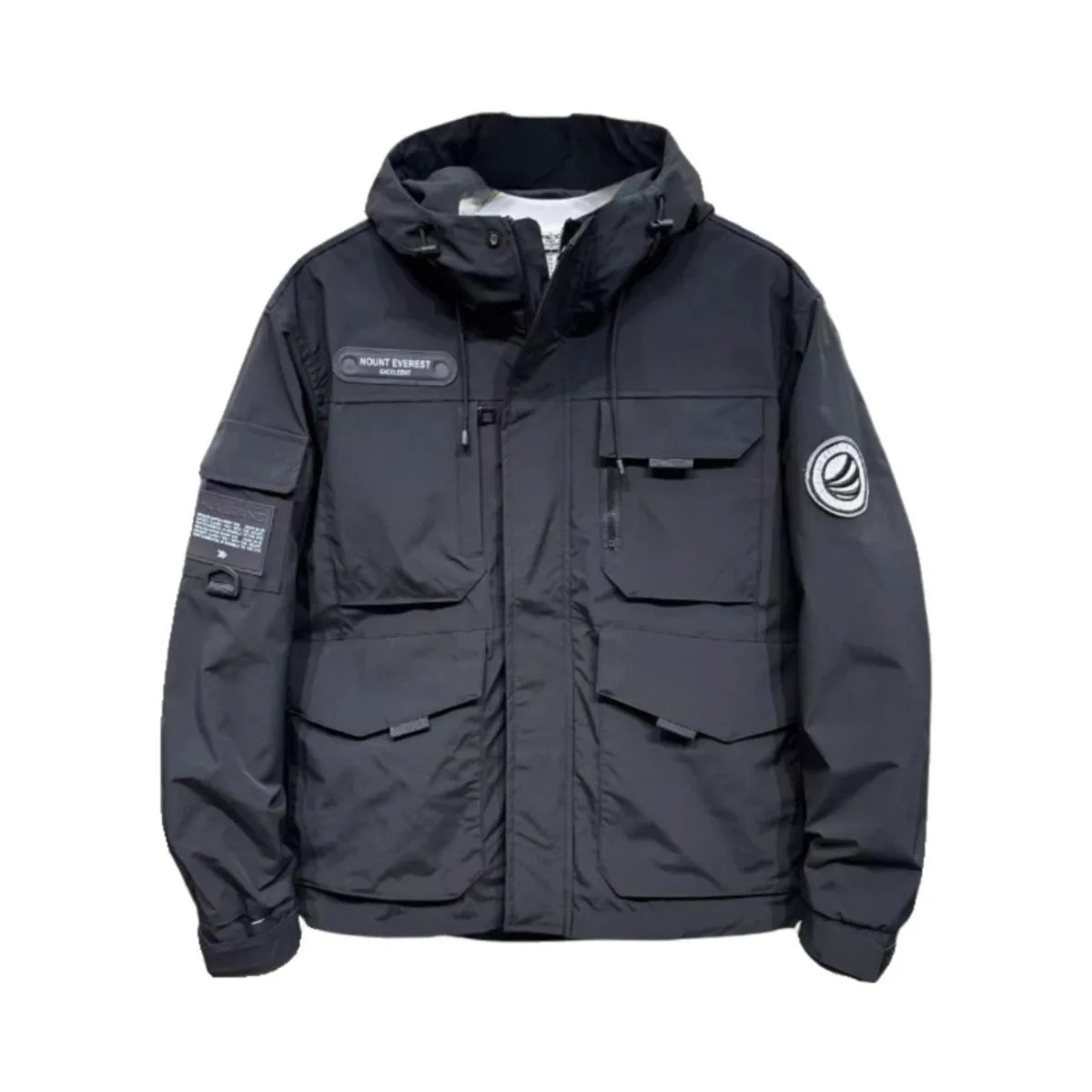 Luxury Spring Autumn Cargo Jacket Mens Bomber Jacket Multi-pocket Zip Up Hooded Coat Loose Casual Windbreaker Streetwear Black