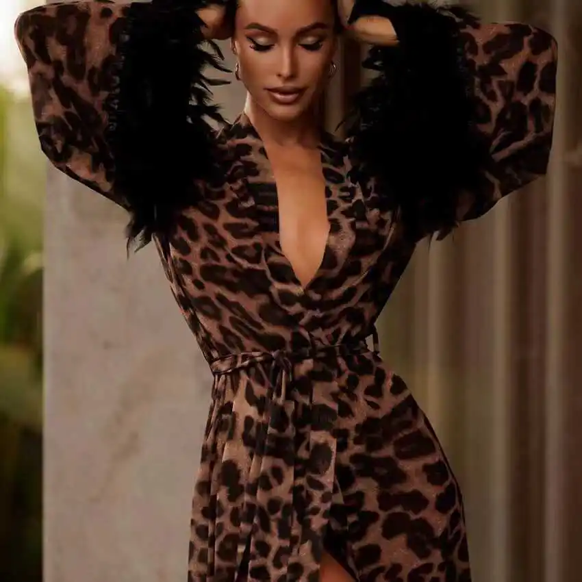

Sexy Deep V-ne Leopard Print Feathers Spwear Belted Robe Long Length Thin Model for Young Women Spring Summer Collection