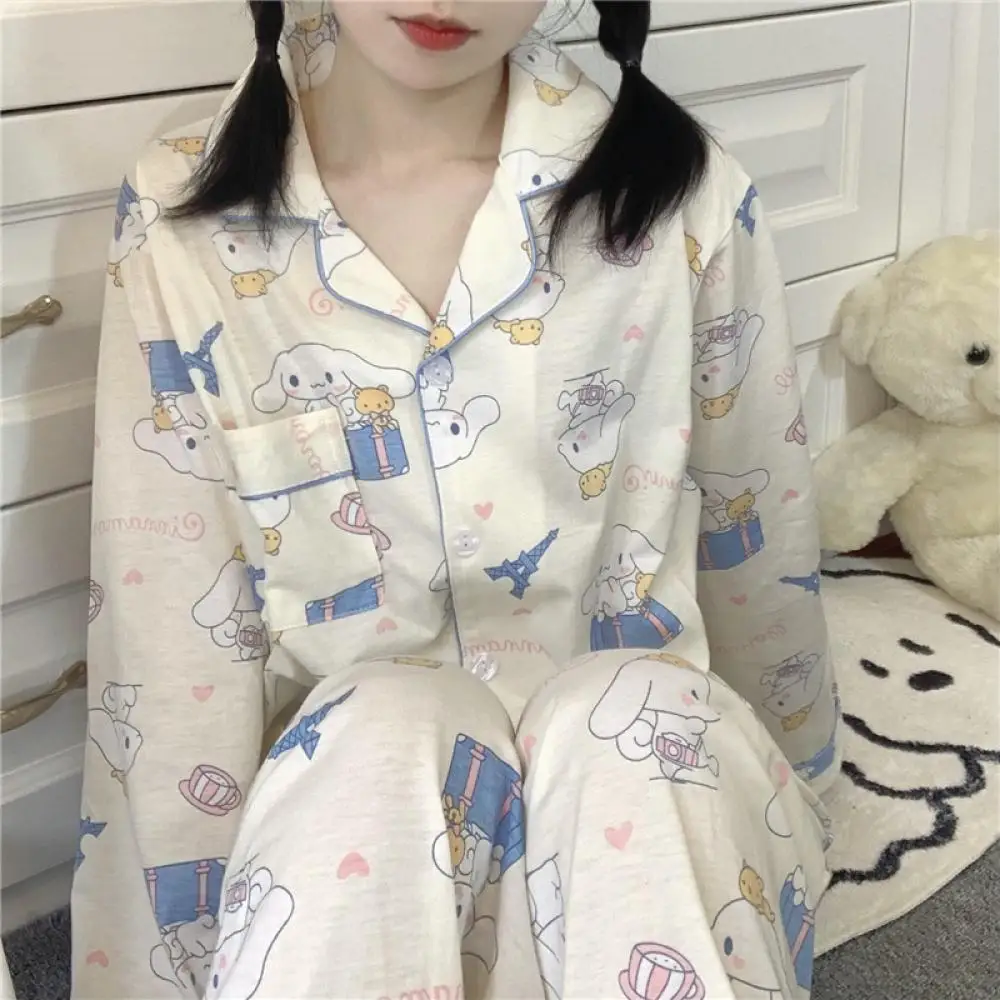 

Sanrio Kawaii Cinnamoroll Hello Kitty 2Pcs Pajamas Set Anime for Women Kt Cat Long Sleeve Tops Pants Loungewear Homewear Sweet