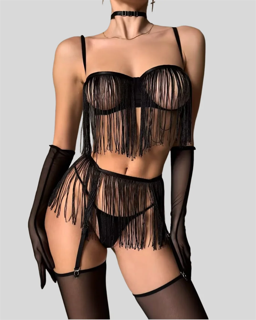 Ellolace Tassel Porn  Lingerie 8-Piece Transparent Ultra   Costume with Garter Outfit Call The Night  Suit