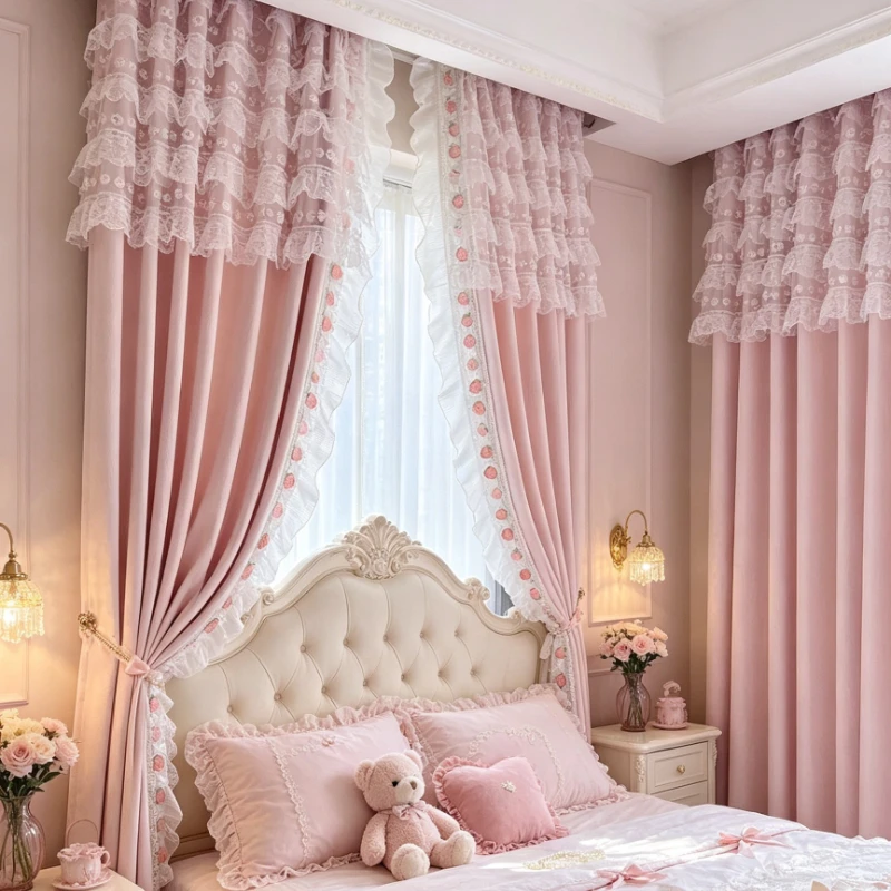 Custom Size Light Pink Princess Style Thick Chenille High‑shading Cream Cake Skirt Curtains for Living Dining Room Bedroom Home