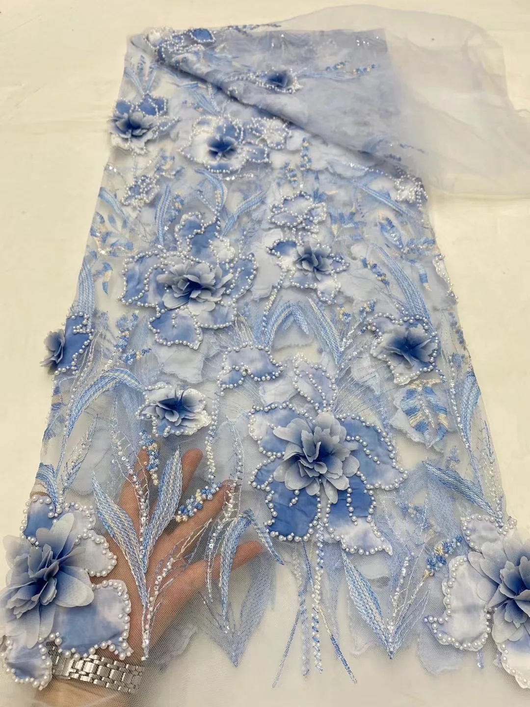 Blue African Lace French Sequin Fabric 2024 Embroidery Tulle Lace Fabrics With beades For Nigeria Wedding Dress Sewing DP0263