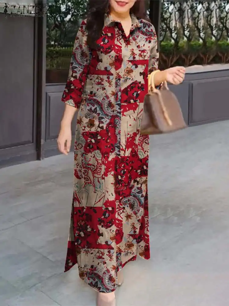 

ZANZEA 3/4 Sleeve Cotton Long Dresses 2024 Autumn Vintage Women Oversized Maxi Sundress Floral Print Lapel Fashion Shirtdress