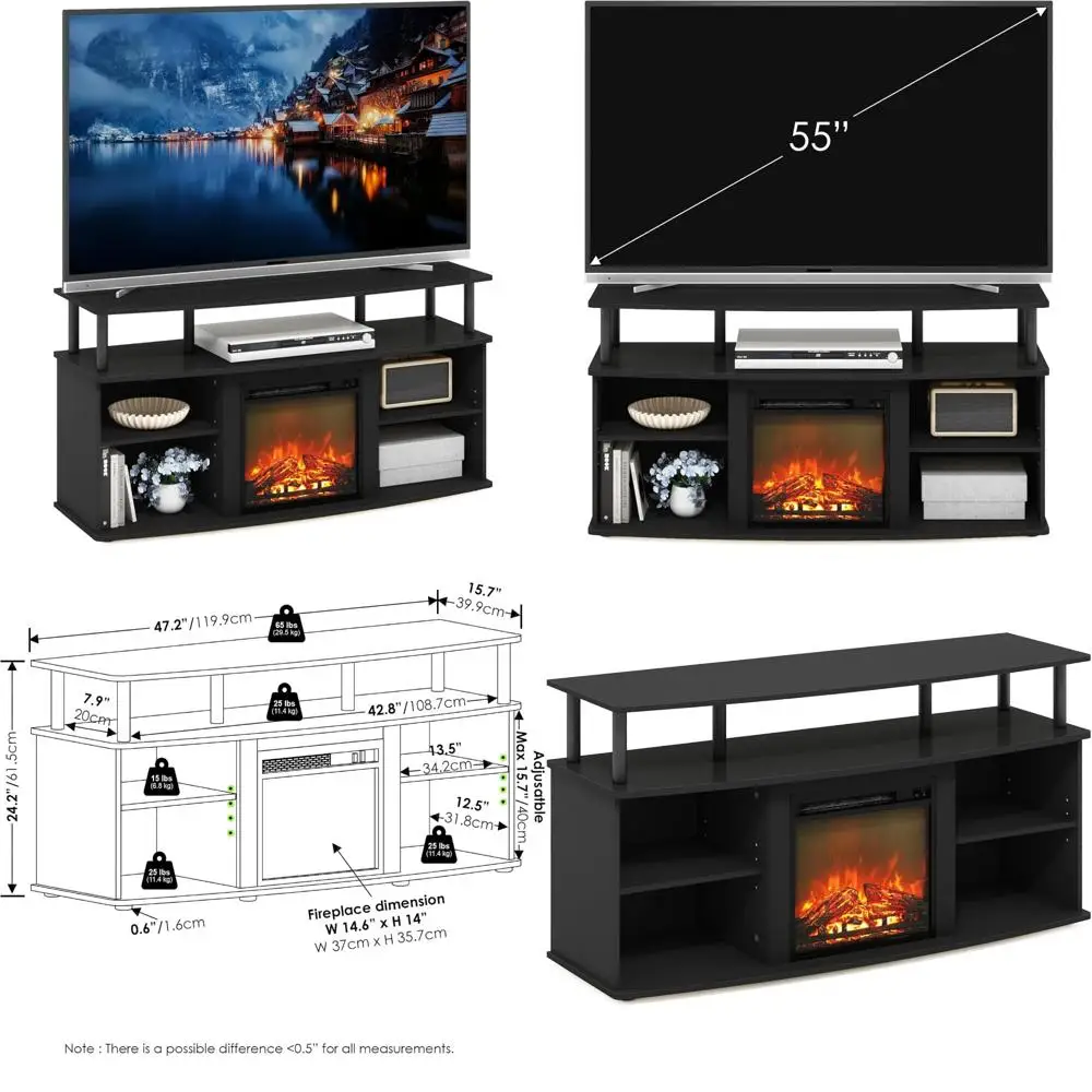 Open Shelving Storage Fireplace TV Entertainment Center for 55 Inch TVs, Americano Black Style, Modern Home Decor