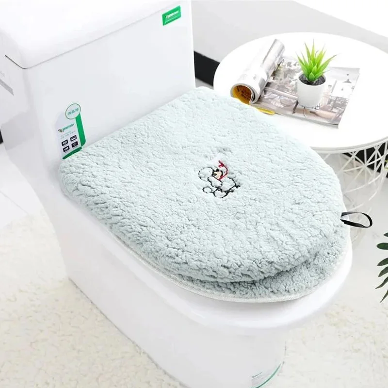 2 Pcs/Set Toilet Seat Mat Set Zipper Toilet Seat Covers Soft Warmer Coral Velvet Bathroom Mat Universal Toilet Seat Covers