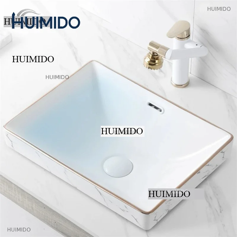Ceramic Bathroom Sinks Modern Luxury Golden Edge Countertop Sink Embedding Into Bathroom Washbasins Designer Square Wash Basin