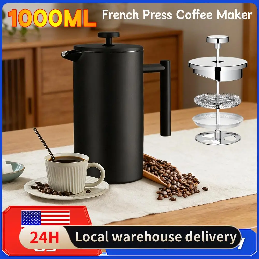 

Кофеварка френч-пресс 1000 мл из нержавеющей стали с двойными стенками и 3 фильтрами, чайник для заваривания чая, кофейник для кафе, посуда для приготовления кофе и чая ﻿