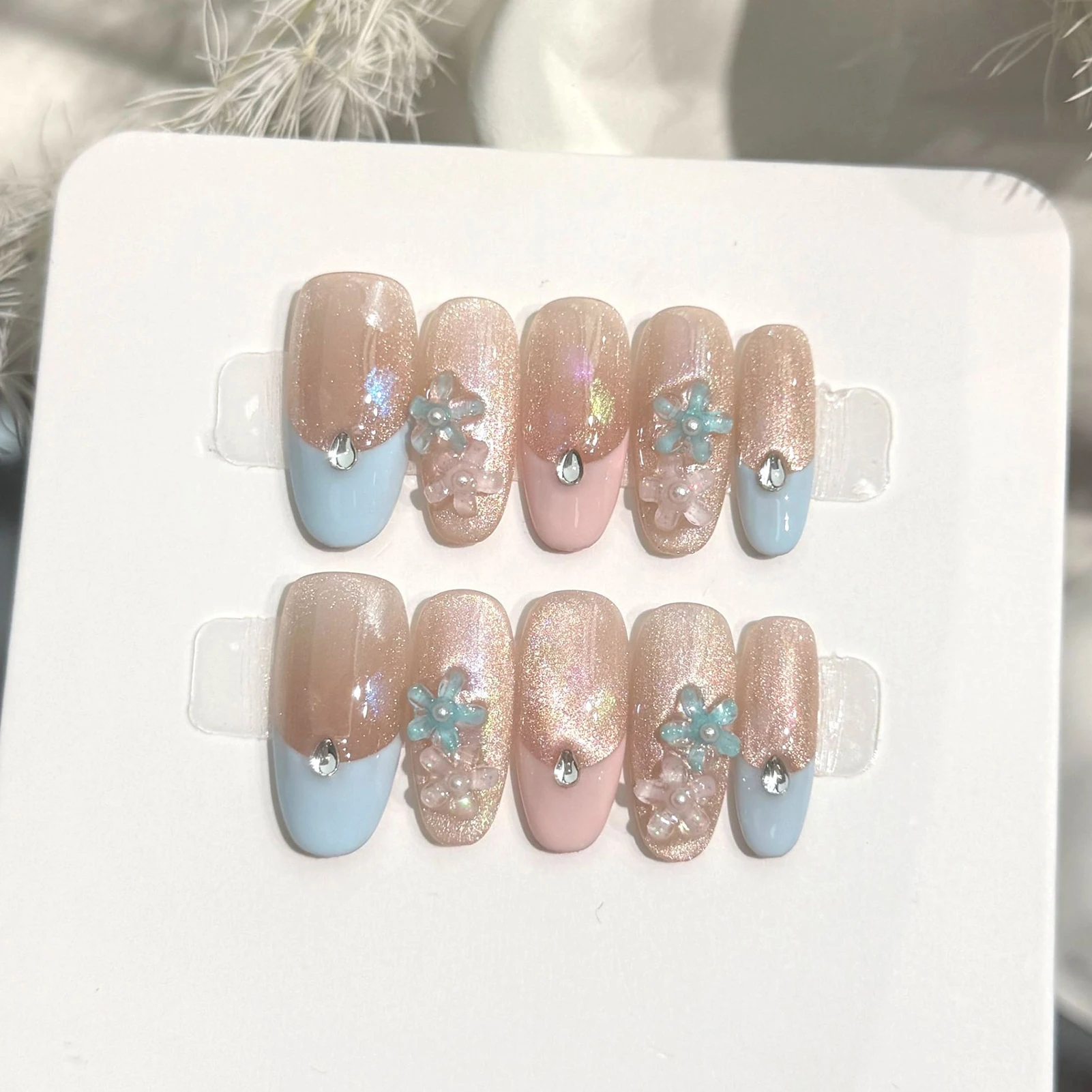 10pcs 3D Ice Blue Crystal Flower Press On Nails Handmade Macaron Color French Style False Nails Flash Cat's Eye Fake Nail Tips