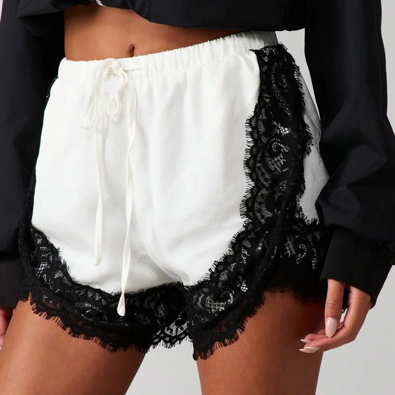 

Womens Mini Shorts Lace Patchwork Side Split Elastic Waist Casual Summer Lounge Shorts