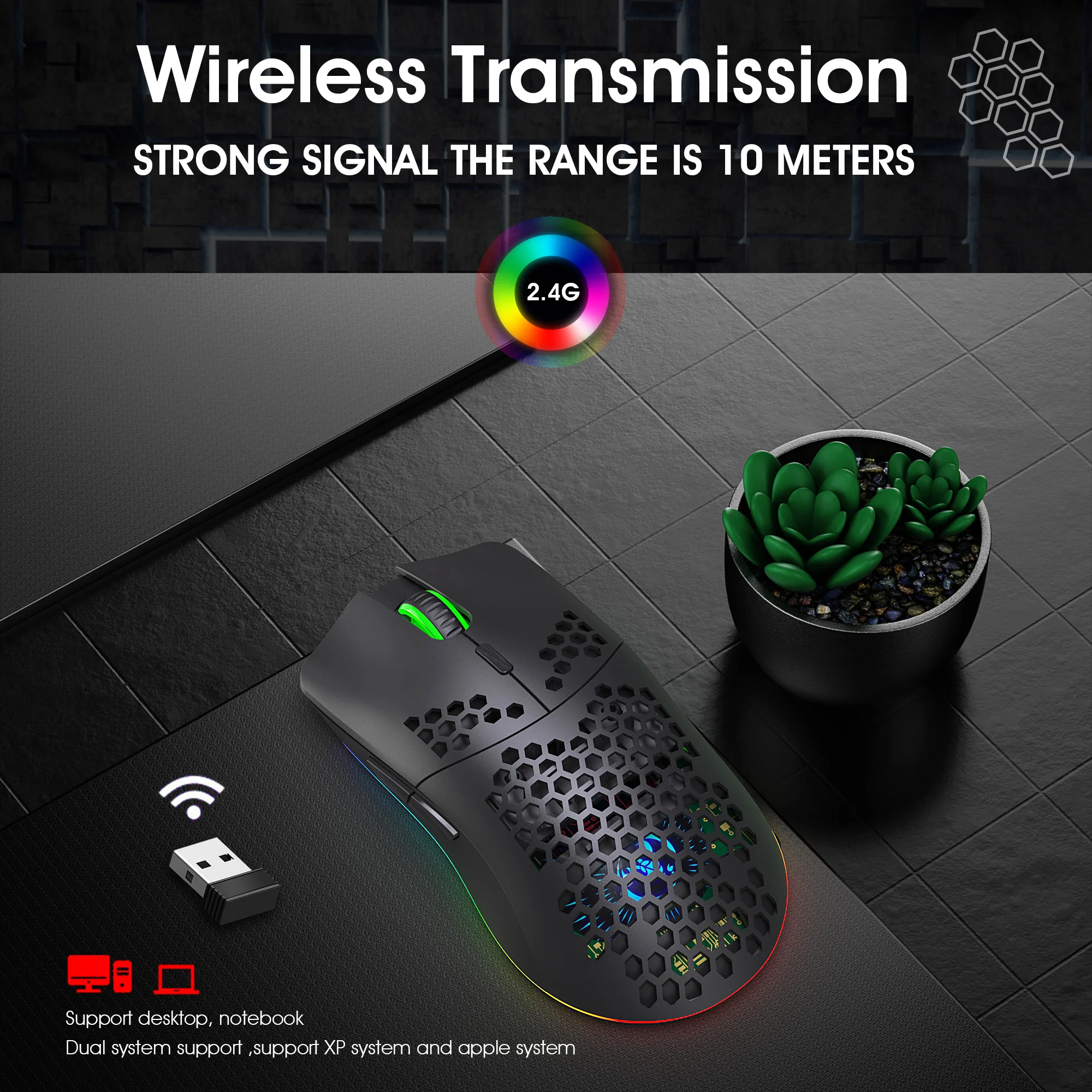 Mouse Nirkabel, Lampu RGB Berbagai Mode Dapat Disesuaikan, Cocok untuk Laptop PC dan Desktop Mouse Gaming Mouse Nirkabel 2.4G