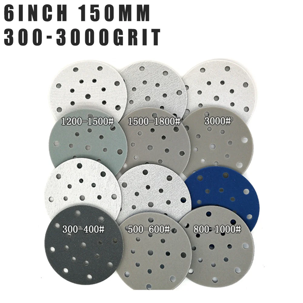 

6” Inch 17 Hole Flocking Sponge Sanding Disc Sandpaper Wet And Dry Hook Loop 300-3000 Grit for Polishing And Grinding 150MM