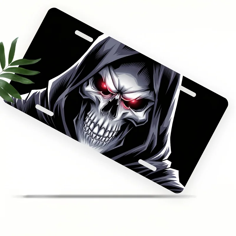 2D Flat, 2D Flat for Decorative Purposes Only, 1pc 12.0-inch 2D Flat Poster with a Hooded Skull License Plate Frame - , Polished