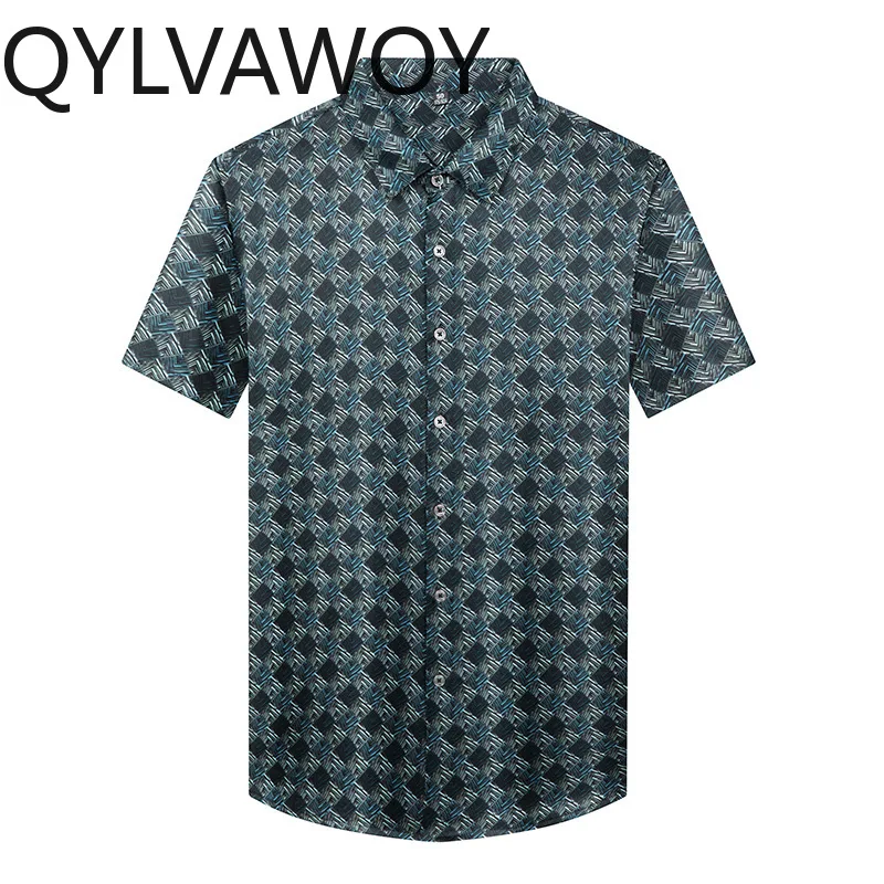 QYLVAWOY 93% Natural Mulberry Silk Men's Shirts Loose Shirts Printed Short Sleeve Tops Summer Clothes for Man Fashion Casual