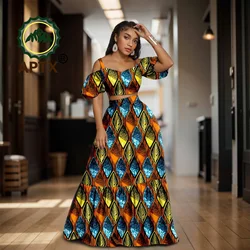 African Women's Dashiki Printed Square Collar Short Sleeve Puff Sleeve Top and Floor Skirt Two Piece Set Casual Party