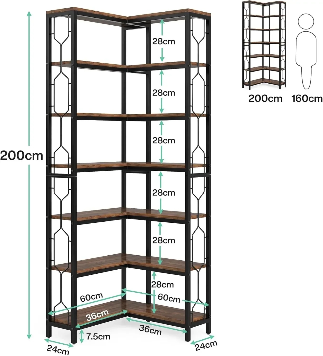 Tribesigns Corner Shelf, 7-Tier Industrial Corner Bookshelf, Wood and Metal Etagere Bookcase, Freestanding Display Shelf for Liv