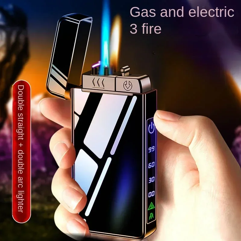 3 in 1 Unusual Butane Gas Lighter Windproof Dual Arc Open Fire Jet Fire Charge One Button Switch Visible Oil Window USB Lighter