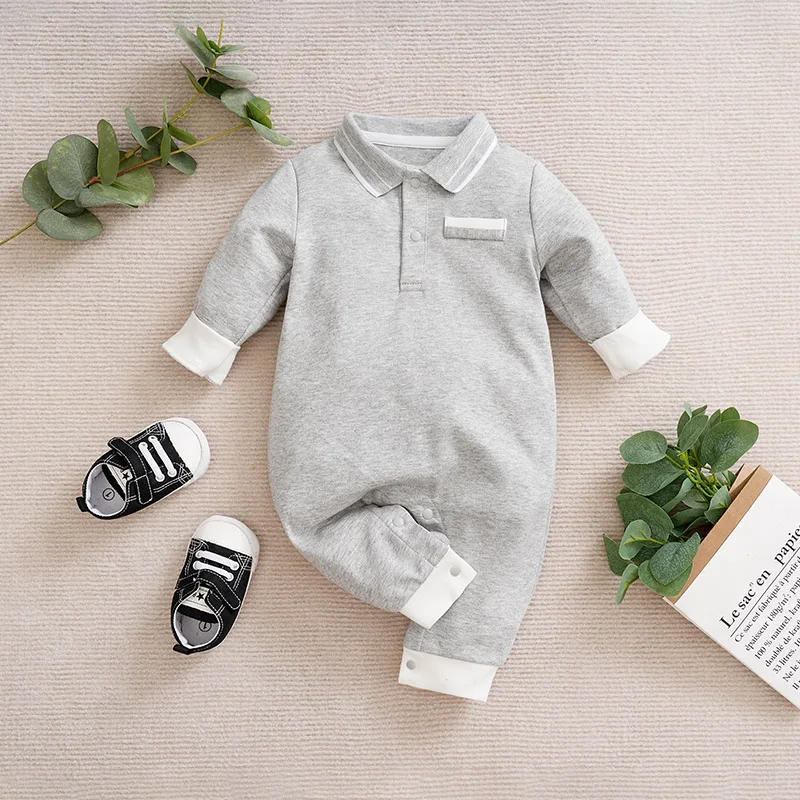 Newborn Baby Boy Girl Baby Jumpsuit Baby Casual Comfortable Cotton Spring And Autumn Solid Color Gray Long Sleeved Jumpsuit