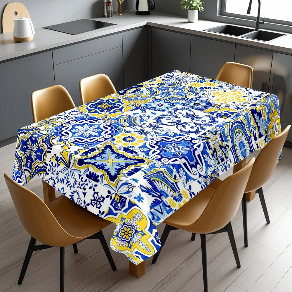 Portuguese Tile Tablecloth, Blue Yellow Azulejo Mosaic Print, Washable Table Cover, Mediterranean Dining Room Home Decor