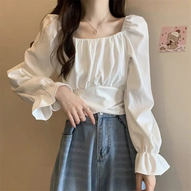 French Style Collarbone Square Neck Bubble Sleeve Shirt for Women\'s Spring New Long Sleeves Unique Short Strap Chiffon Chic Top