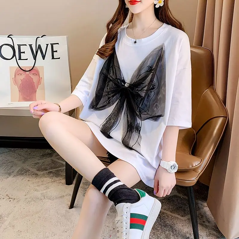 DAYIFUN Summer T-shirts Women's Lace Bow Splice Design Short Sleeved Tshirts Female Korean Loose Large Size Printed Top Tees