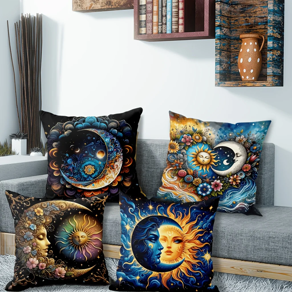 Aesthetic Celestial Zodiac Pillow Cover Set 4 PC Boho Sun Moon Astrology Cosmic Stars Dreamy Mystical Throw Shams Home Decor Gif