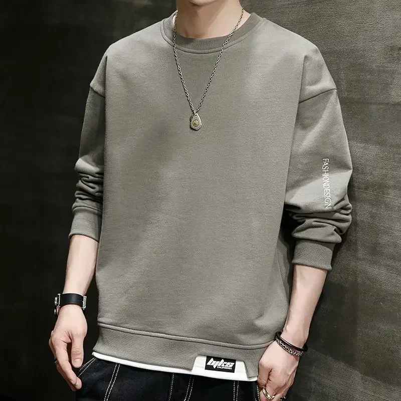 

Men's Clothing Spliced Sweatshirts For Man Embroidered Pullover Hoodieless T-shirt Top Black One Piece Korean Style Offers Warm