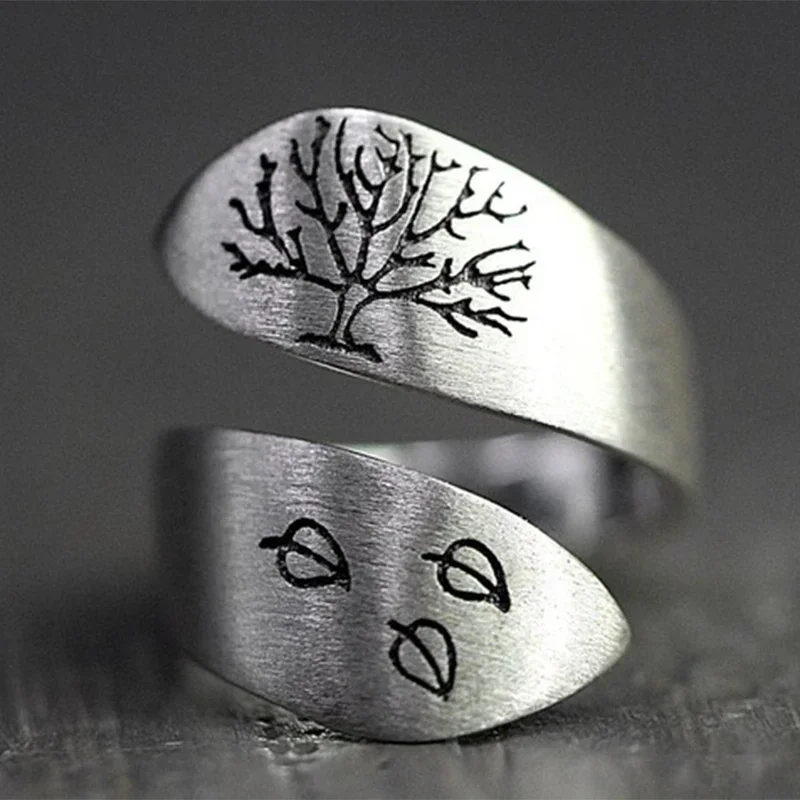 Simple Men Women Screwy Ring Silver Color Tree and Leaves Brushed Wedding Ring Ladies Punk Party Jewelry Creative Opening Ring