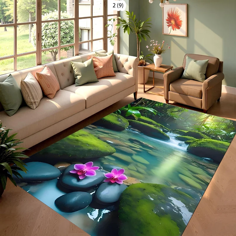 Rugs Teal Mist Forest Tiered Waterfall Rug Carpet Mat Non-Slip for Living Room Bedroom Serene Home Decor
