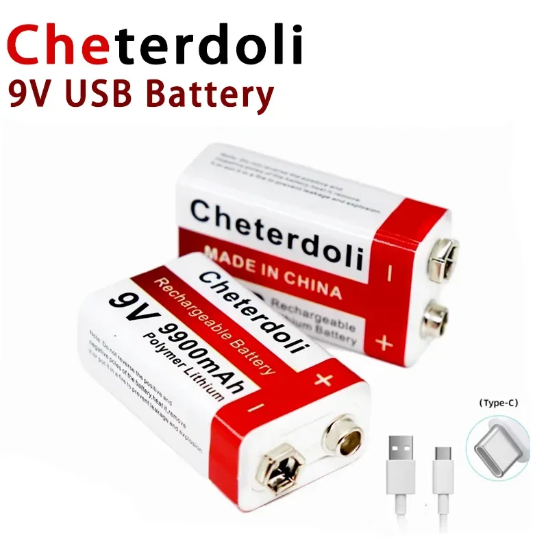 Cheterdoli 9V USB Rechargeable Battery 9900mAh for Multimeter & Wireless Microphone, 2-10pcs Li-ion Battery Pack