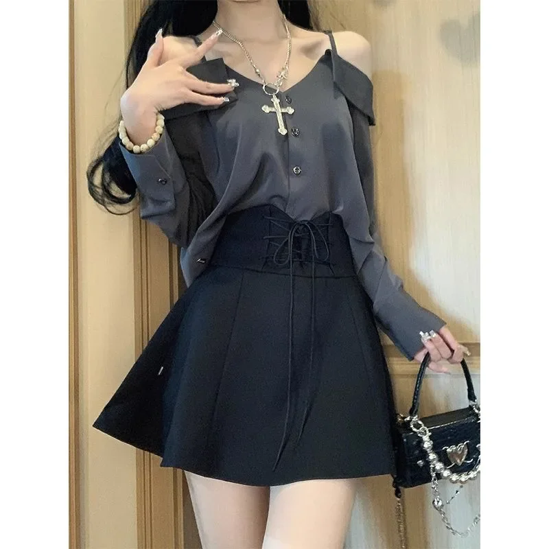 2024 Autunno Dolce Una tracolla Top a maniche lunghe Gonna con lacci Abbigliamento donna Stile coreano Uniforme scolastica Kawaii Jk Suit