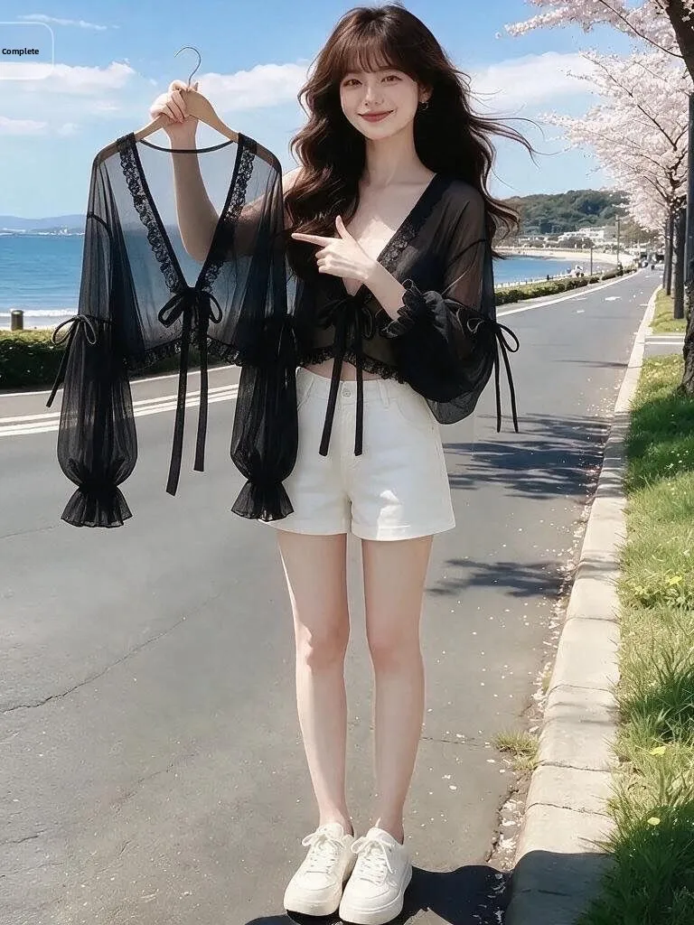 Elegant  Knot Lace Chiffon Sun Protection Cardigan Thin Summer Women's Top Skirt Shoulder Wrap Versatile Cover up Shirt