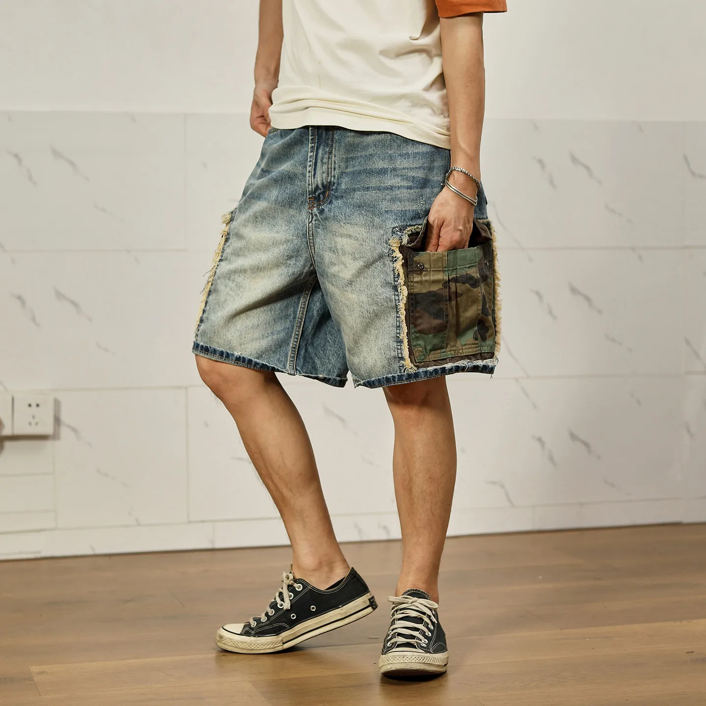 Summer New American Retro Denim Camouflage Patchwork Shorts Men's Fashion 88% Cotton Washed Old Straight Casual 5-point Pants