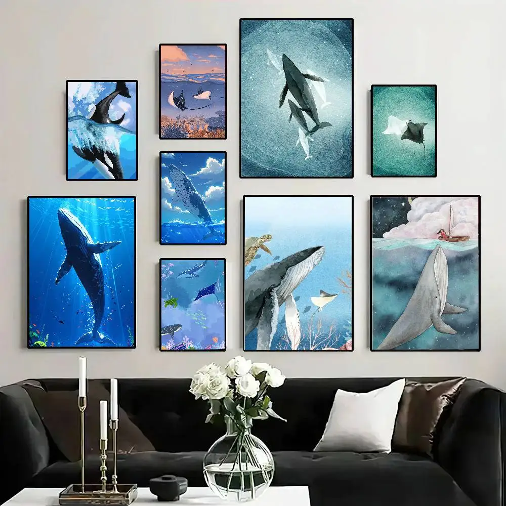 Blue Watercolor Ocean Marine Organism Whale Shark Posters Living Room Bar Cafe Quality Canvas Vintage Style Comics Painting Art