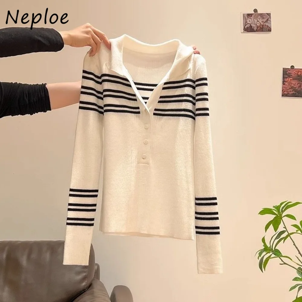 

Neploe Stripe офисный женский джемпер с отложным воротником и длинными рукавами, тонкий вязаный элегантный универсальный пуловер, корейский мягкий вязаный пуловер со вставками