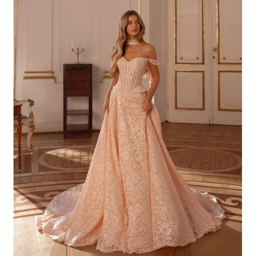 

Retro Lace Wedding Dresses Off the Shoulder Corset Luxury Vestido de Novia Vintage Sweep Train Eveing Dress Vestidos Customized