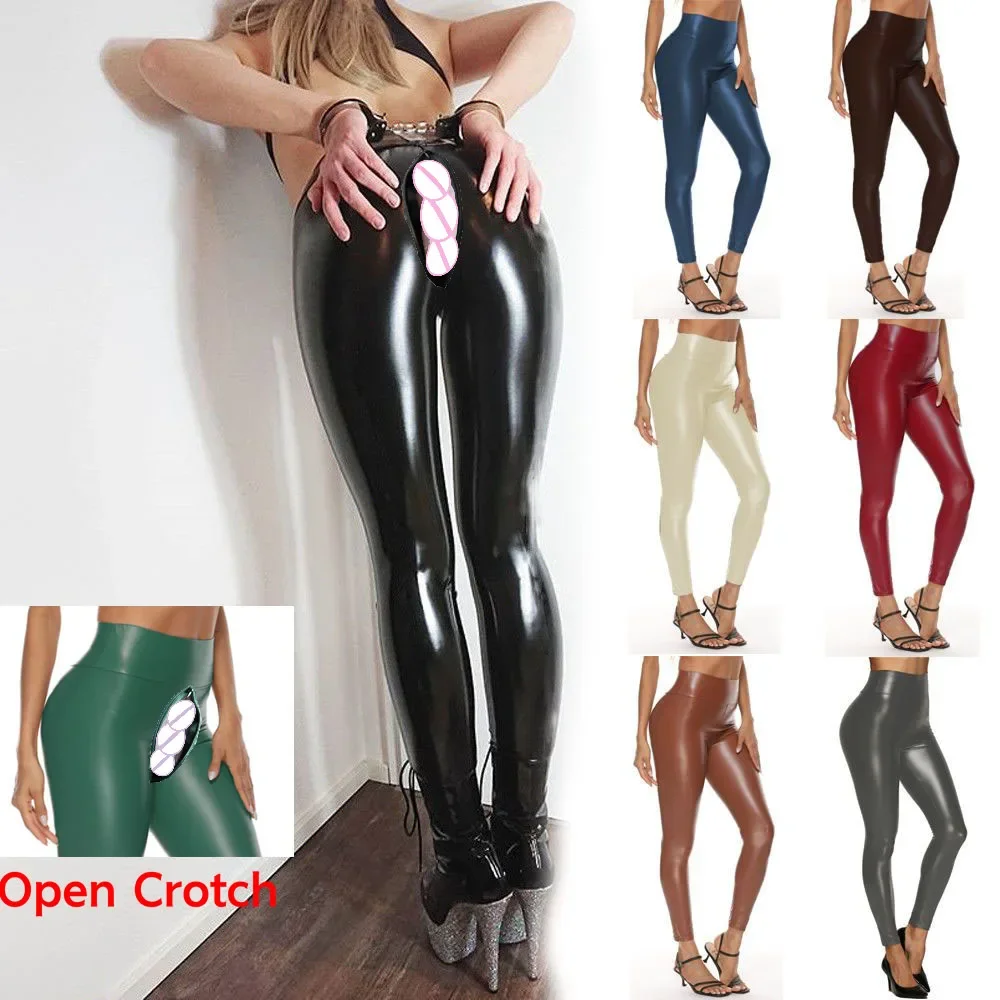 Open Crotch Club Outdoor Sex Erotic Trousers PU Leather Pants Women Elastic Velvet Sexy High Waist Hip Lift Leggings Trousers