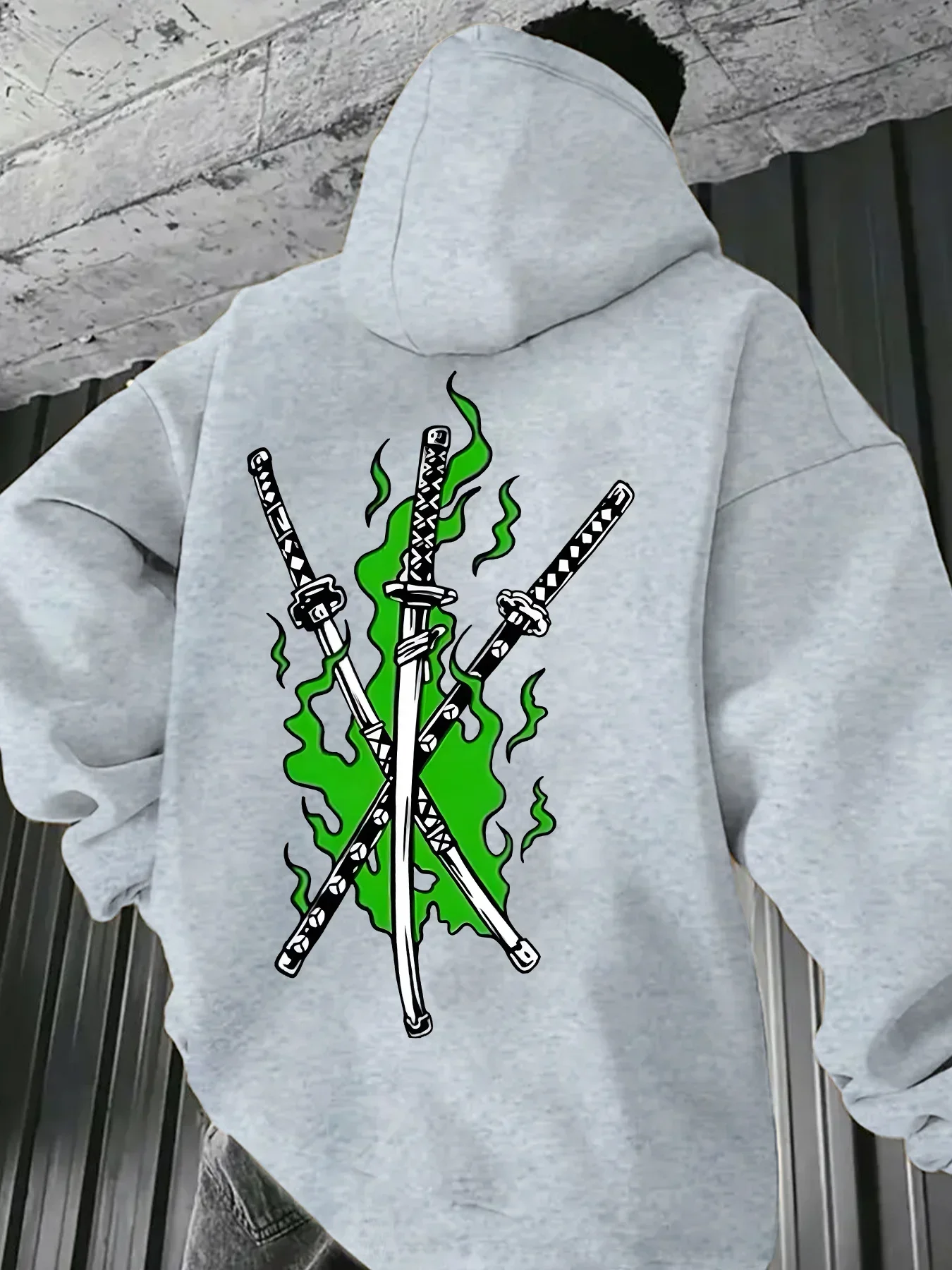 Japanese Samurai Katana Flame Graphic Hoodie, Unisex, Triple Crossed Swords Green Fire Print Hooded Pullover Street Sweatshirt