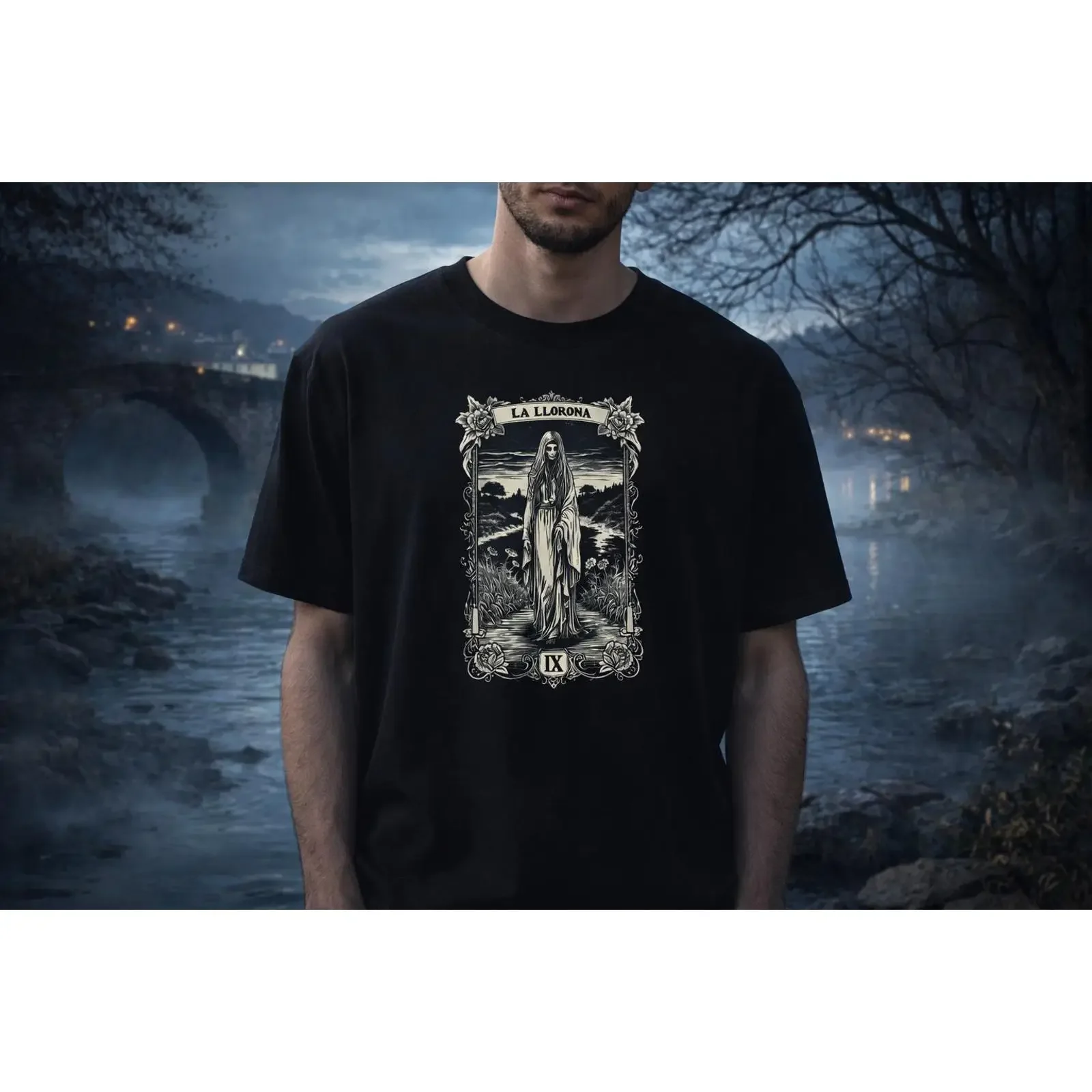 Krampus, dunkler Folklore-Stil, La Llorona, Tarotkarte, T-Shirt, Gothic-Horror, Vintage, gewaschen, stilvoll, modisch, leicht grafisch.