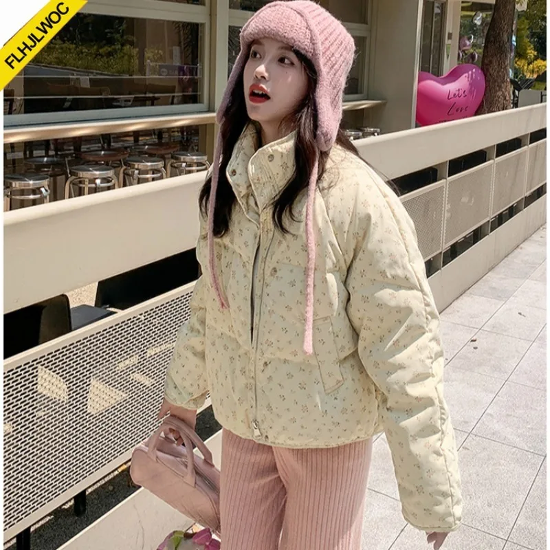 Winter Outerwear Turtleneck Coats Cake Korean Style Retro Vintage Floral Cute Girls Short Down Cotton Jacket for Women Parkas