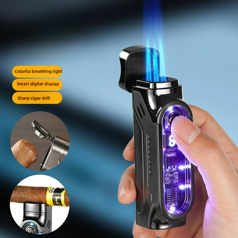 3 Jet Blue Flame Butane Gas Torch Lighter Digital Power Color Light Chip Cigar Diamond Knife Cigarette Holder USB Cigar Lighters