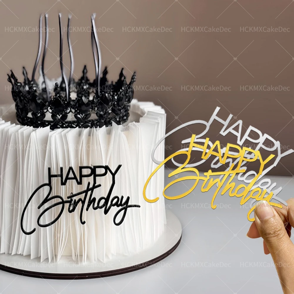 Décoration de gâteau joyeux anniversaire en acrylique, 3 pièces, or, argent, noir, pour fête d'anniversaire, bricolage, Dessert, fournitures de décoration latérale de cuisson