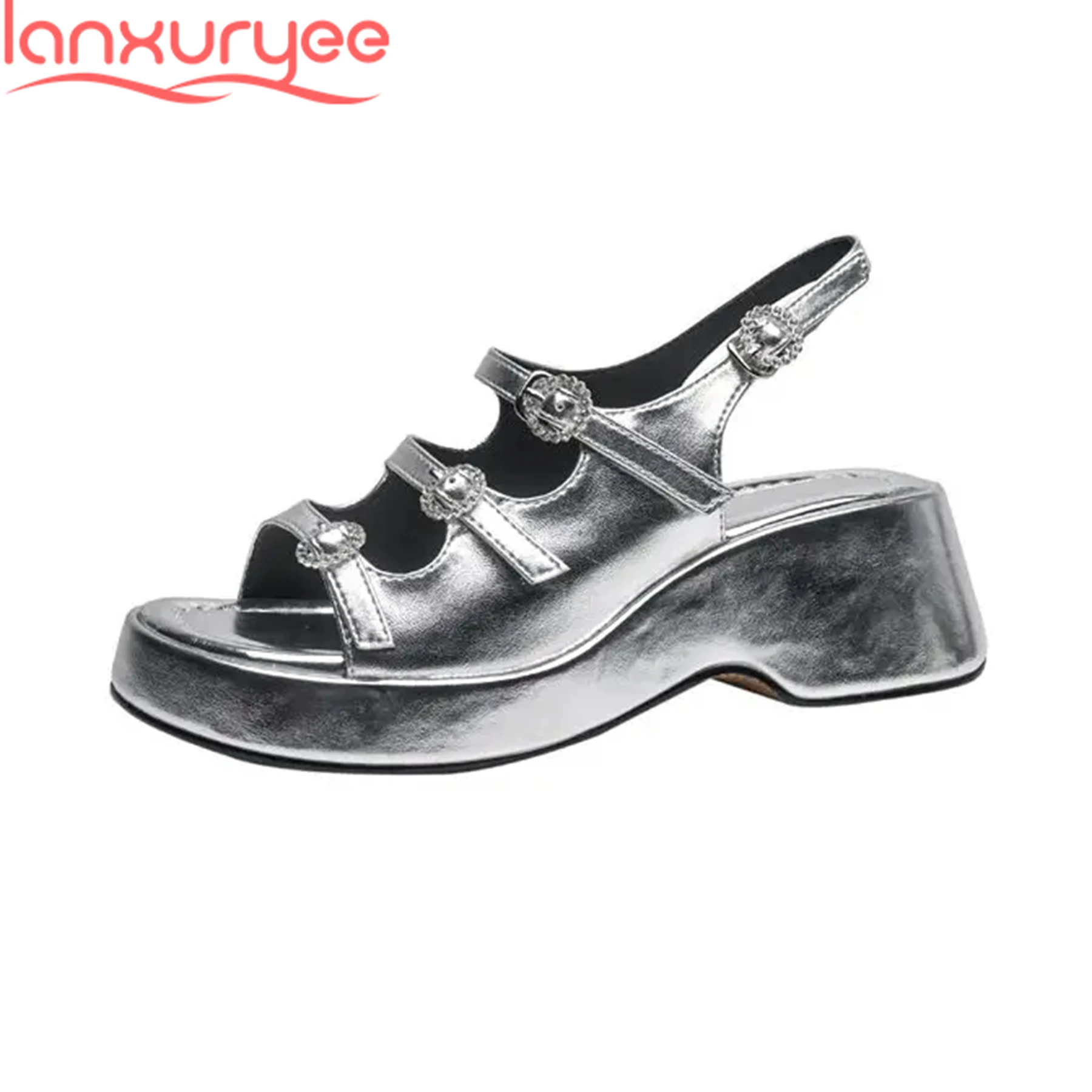 

Lanxuryee Sheep Leather Peep Toe Classics Leisure Summer Shoes Platform Metal Buckle Concise Office Lady Fashion Women Sandals